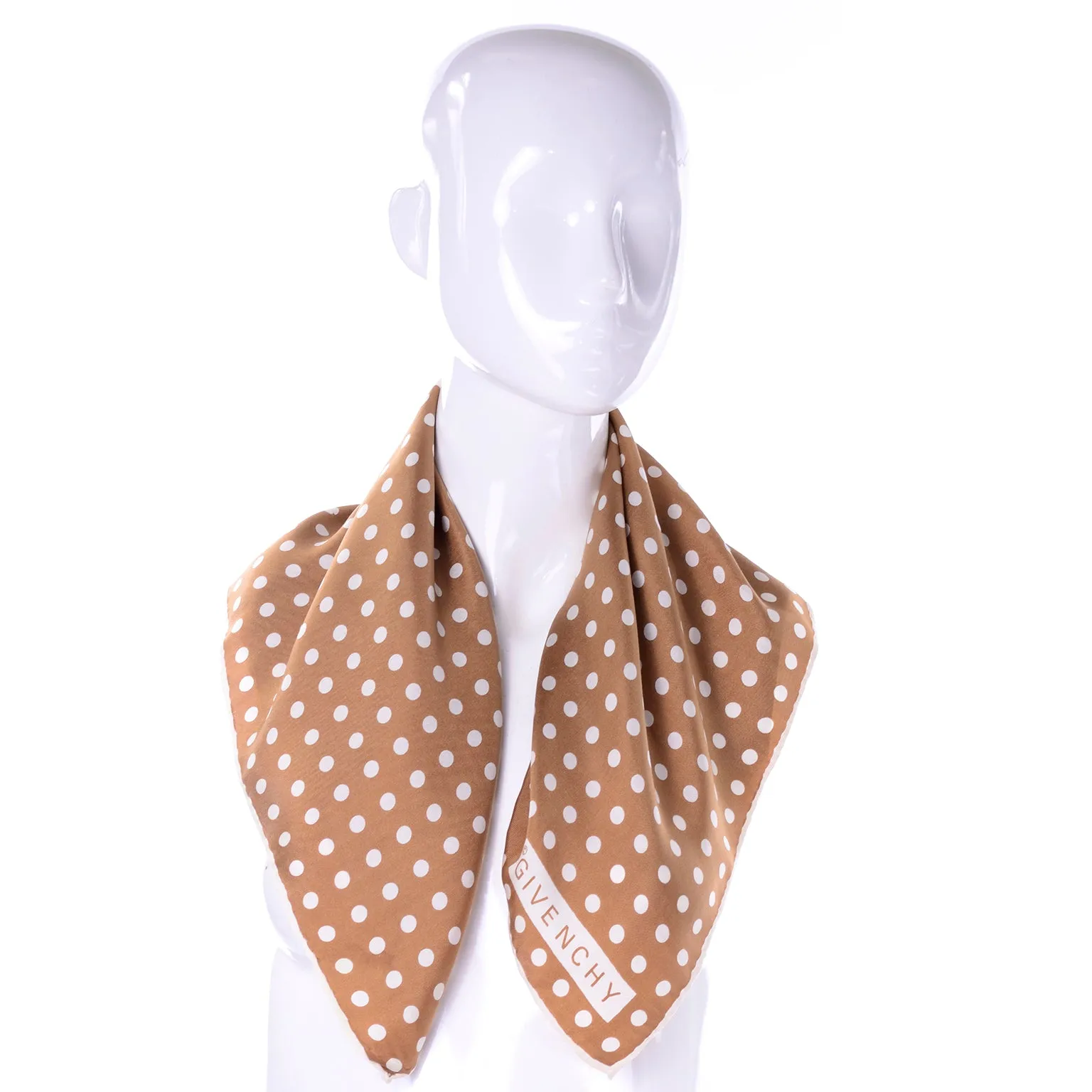 1980s Givenchy Brown and Pink Polka Dot Vintage Silk Scarf