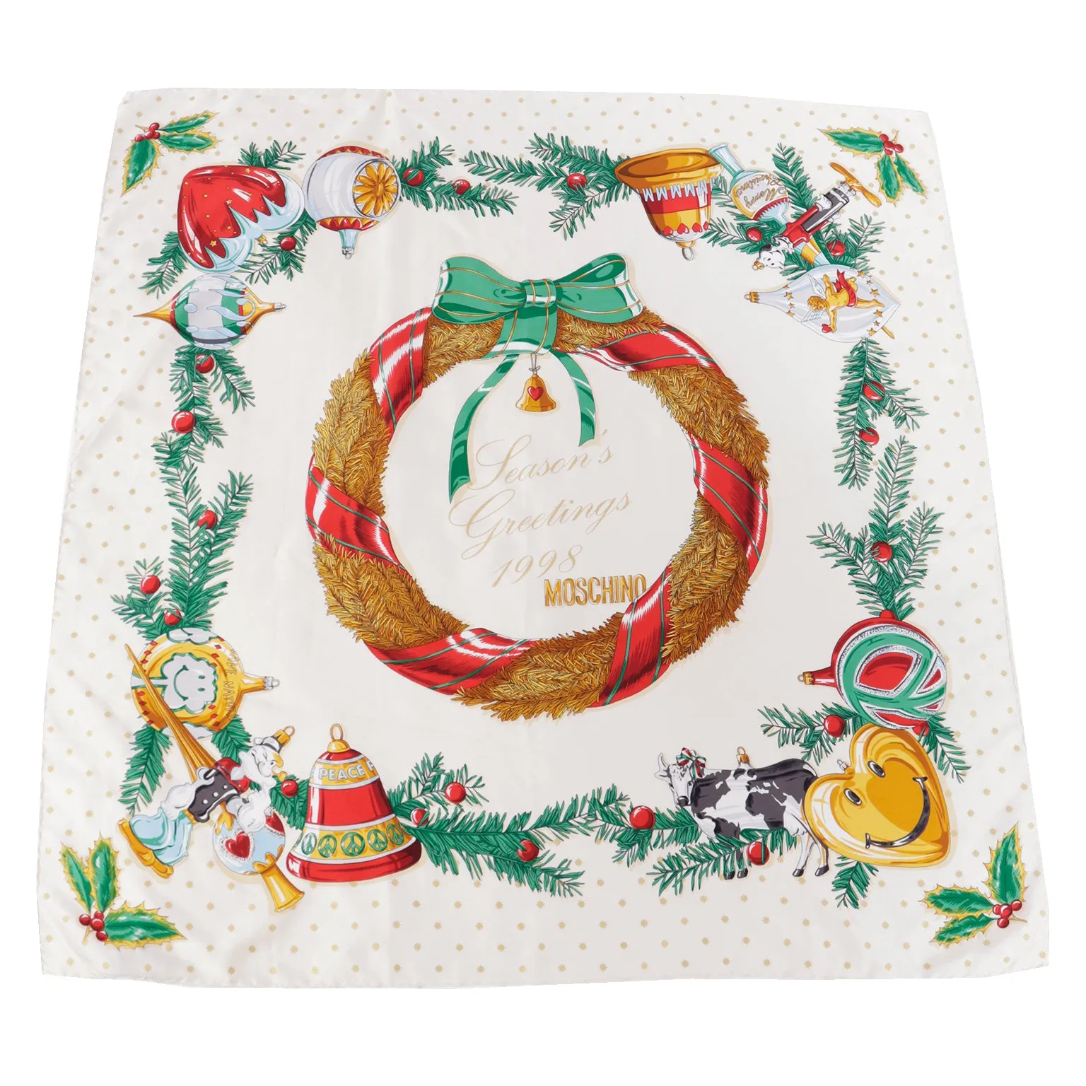 1998 Moschino Holiday Season Greetings Vintage Silk Scarf