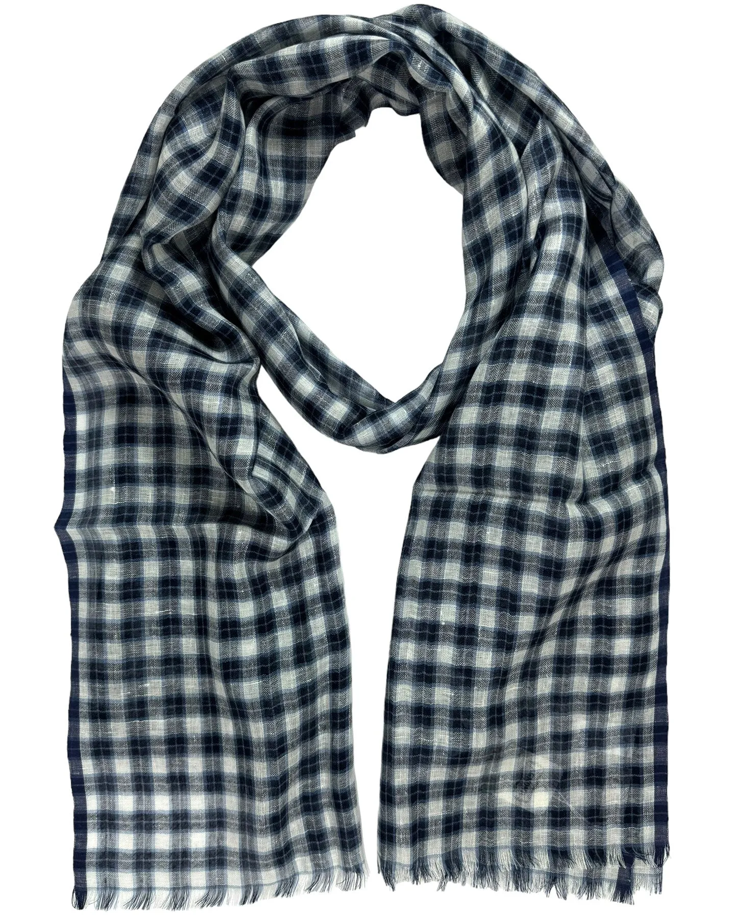 Agnona Scarf Black Blue Plaid Check - Luxury Linen Cashmere Silk Shawl FINAL SALE