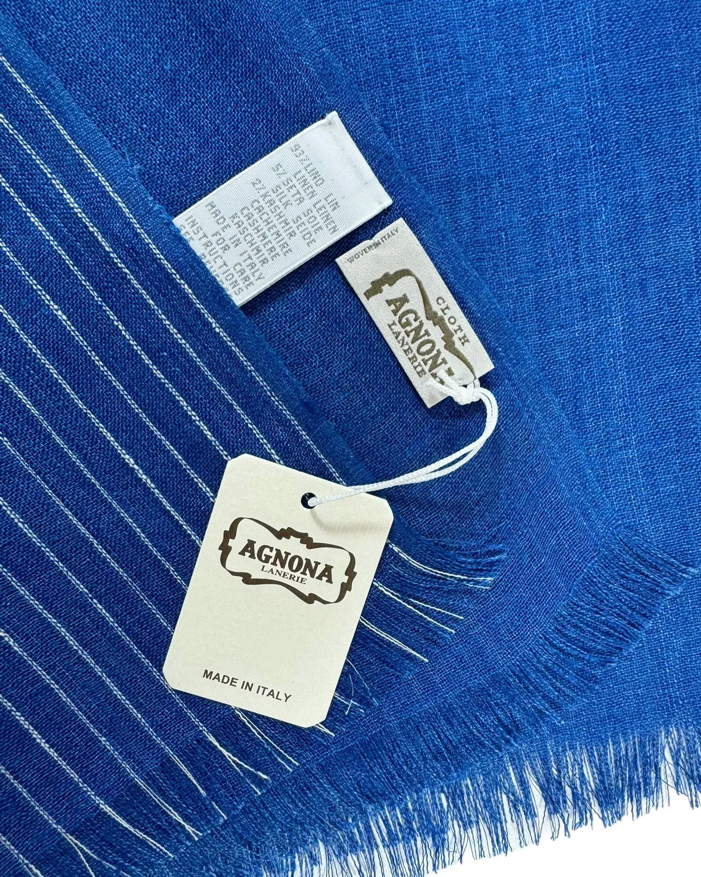 Agnona Scarf Royal Blue White Stripes - Luxury Linen Silk Cashmere Shawl BLACK FRIDAY SALE