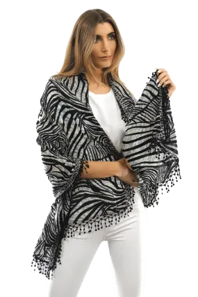 All Over Animal Print with Pom Lace - Ivory Black