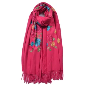 Cashmere Blend Embroidery Peony Flower Scarf - Fuchsia