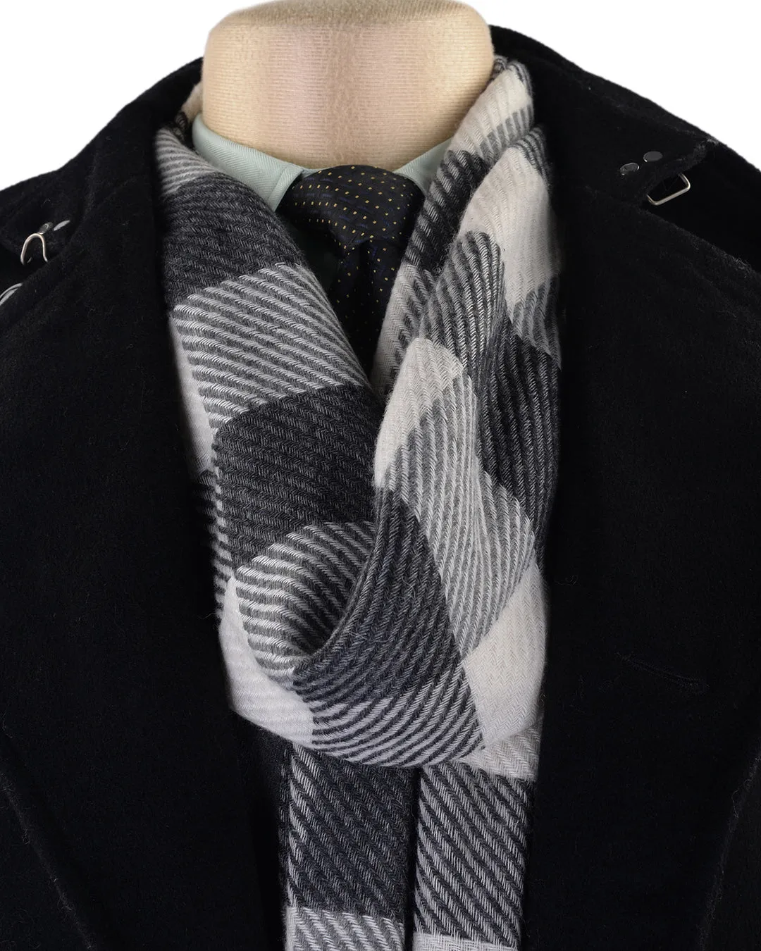 Cashmere Wool Scarf Black White Bold Checks Twill