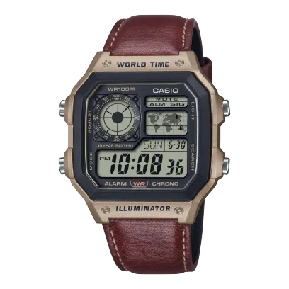 Casio Men's Watch Analog Digital Dial with Brown Leather Strap, AE-1200WHL-5AVDF