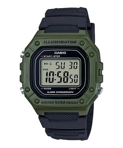 Casio Men's Watch Digital, Green Dial Black Resin Strap, W-218H-3AVDF