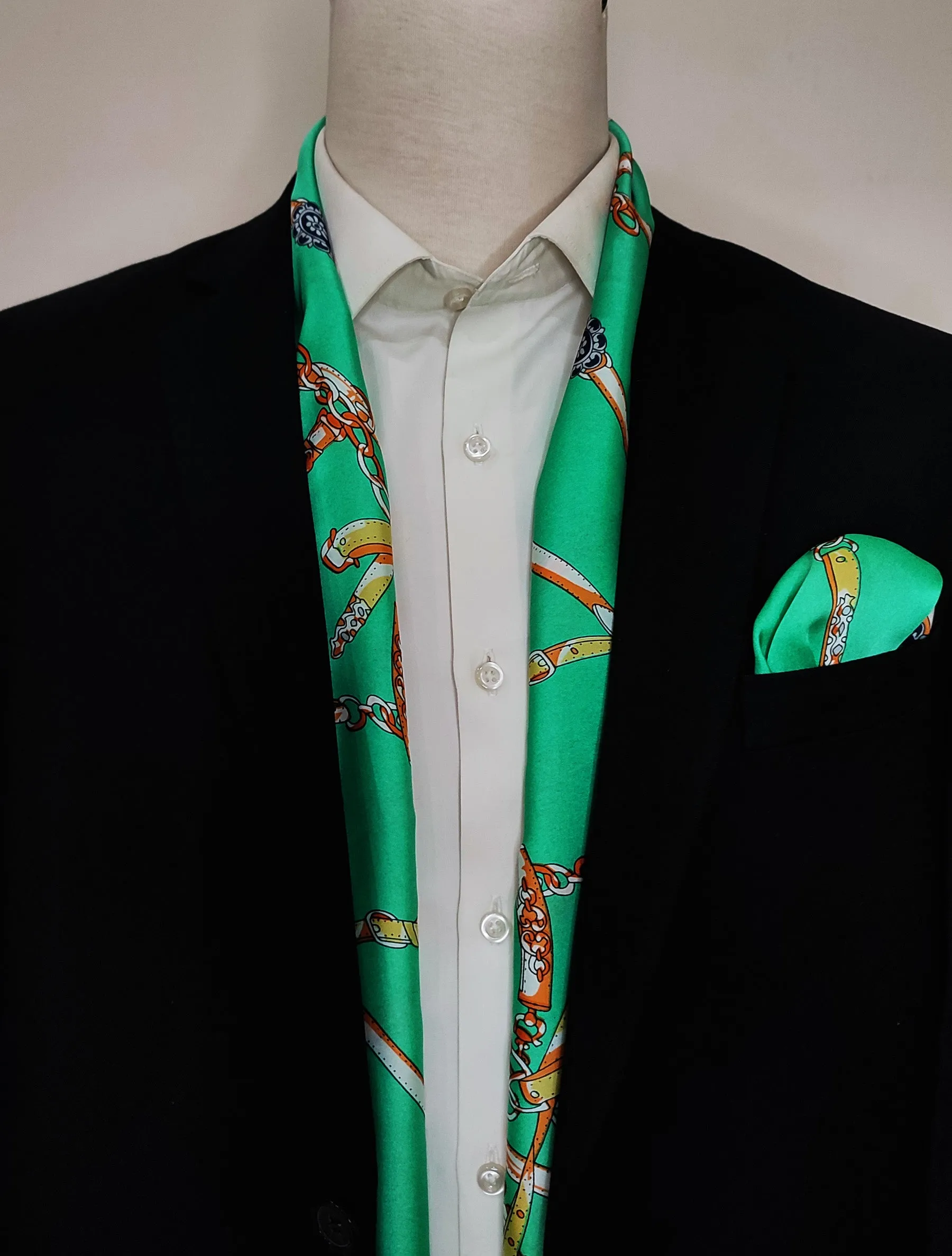 CHAINS AND STRAPS (SEA GREEN) - SILK SCARF AND POCKET SQUARE SET