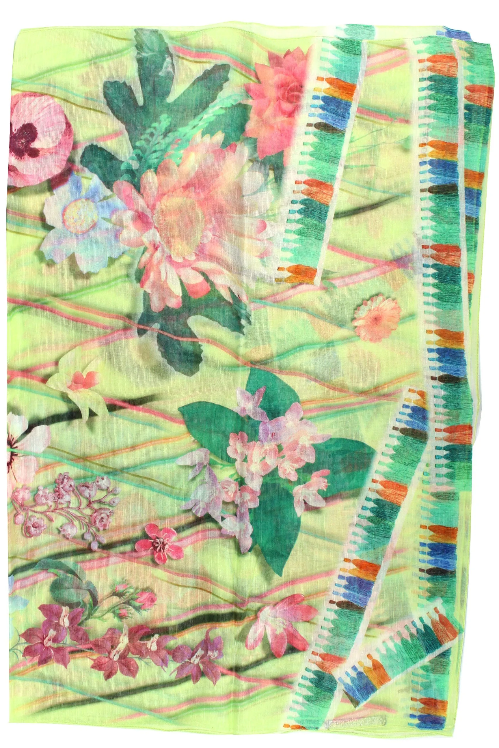 Christian Lacroix Scarf Original Print Green Pink Floral Design - Linen Silk FINAL SALE