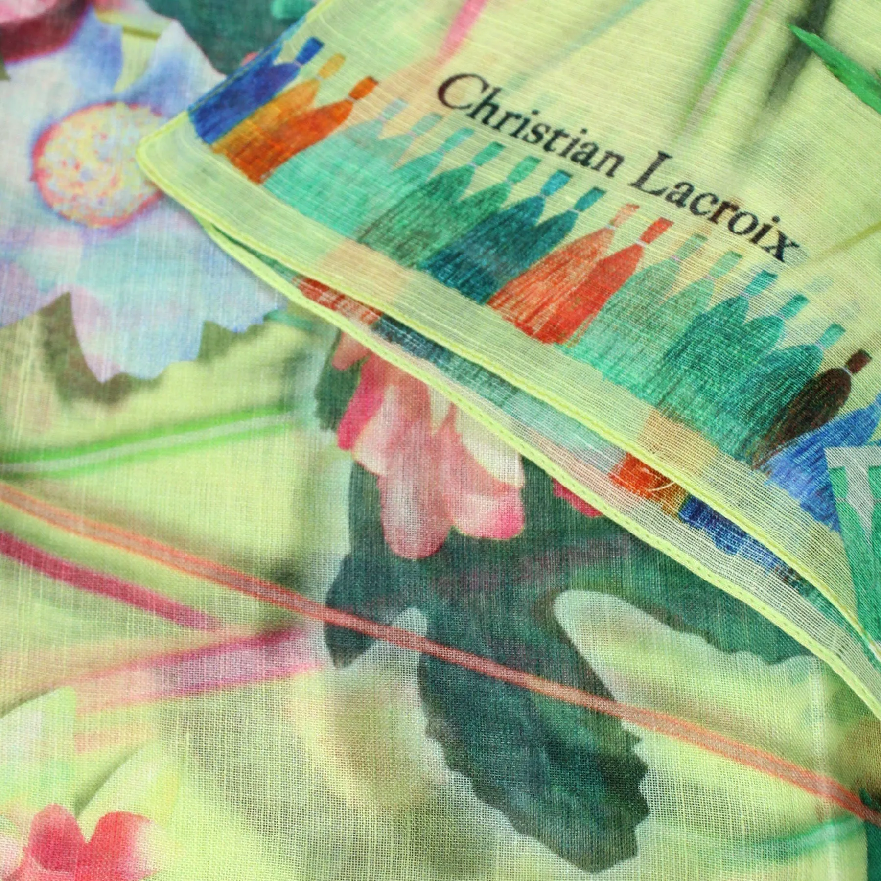 Christian Lacroix Scarf Original Print Green Pink Floral Design - Linen Silk FINAL SALE