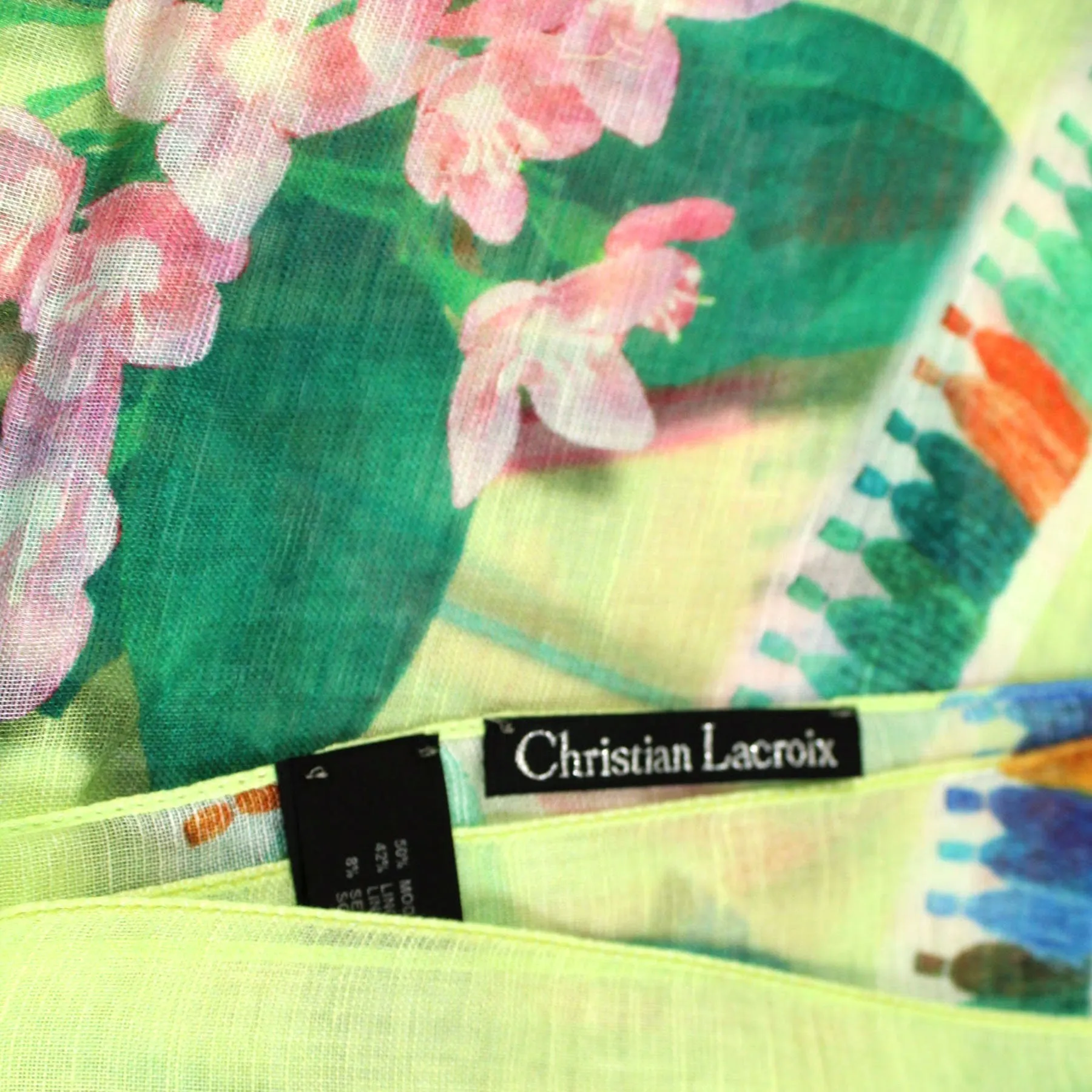 Christian Lacroix Scarf Original Print Green Pink Floral Design - Linen Silk FINAL SALE