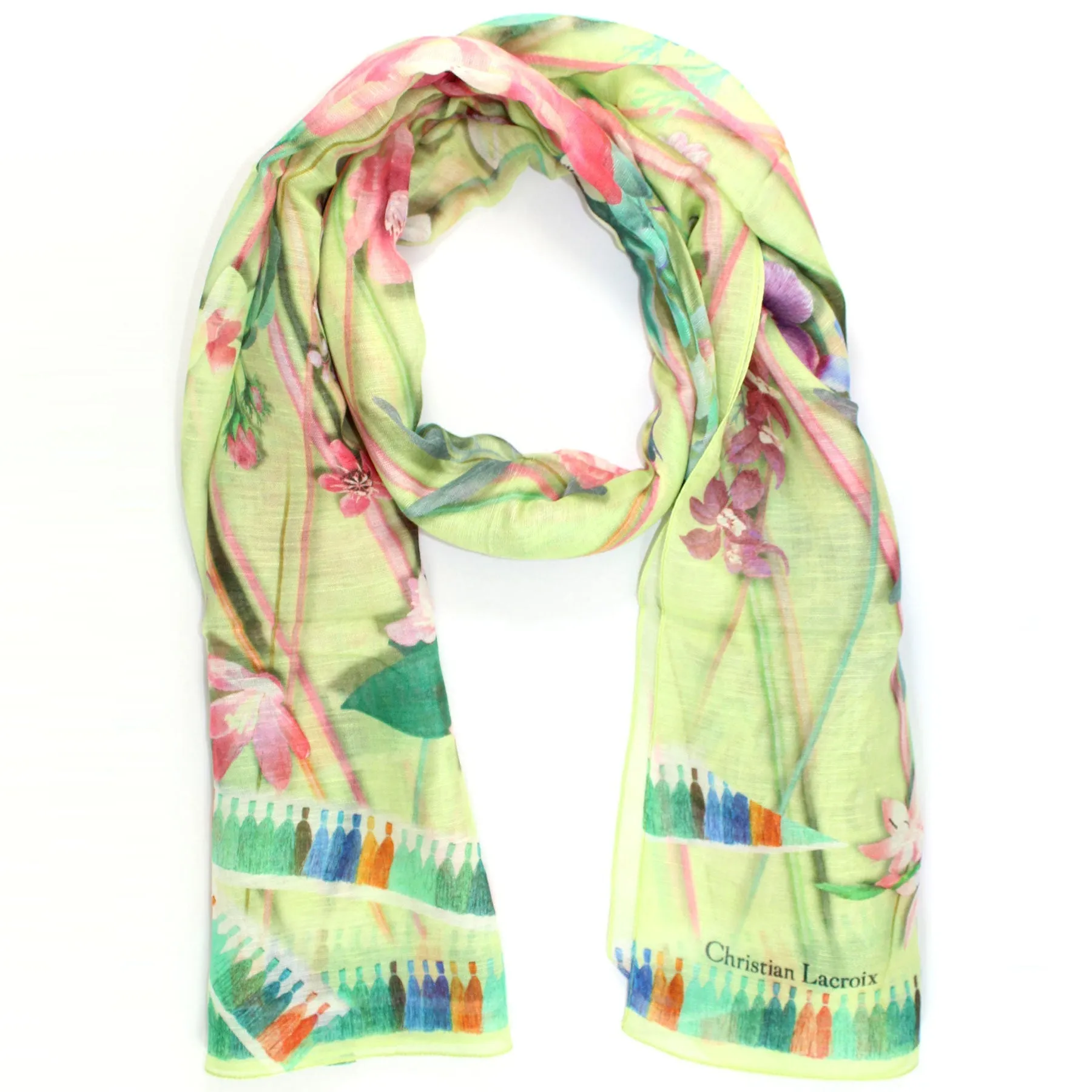 Christian Lacroix Scarf Original Print Green Pink Floral Design - Linen Silk FINAL SALE