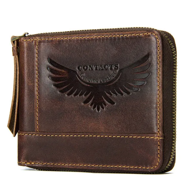 CONTACT'S Genuine Leather Men's Wallet Vintage Coin Pocket With Card Holder Man Wallet Zipper Male Bag Short Men's Small Purse