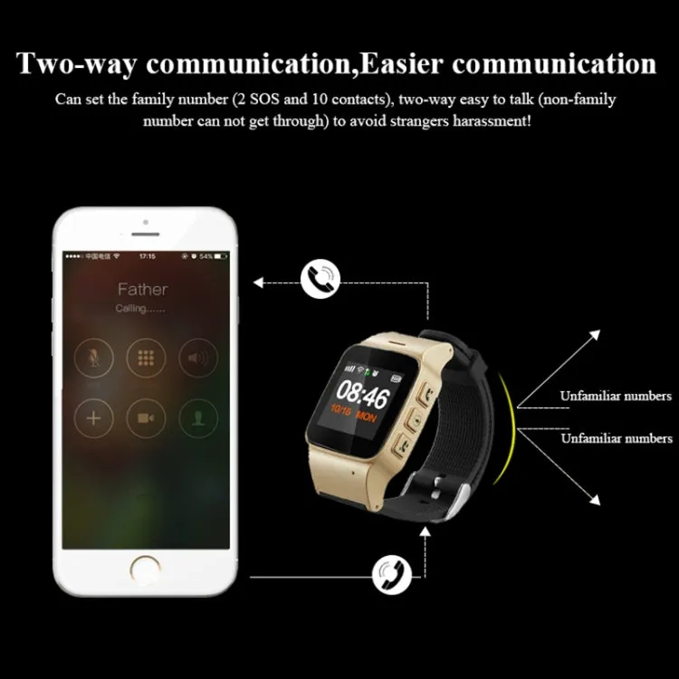 D99  1.22 inch HD LCD Screen GPS Smartwatch for the Elder Waterproof, Support GPS   LBS   WiFi Positioning / Two-way Dialing / Voice Monitoring / One-key First-aid / Wrist off Alarm / Safety Fence (Champagne Gold)