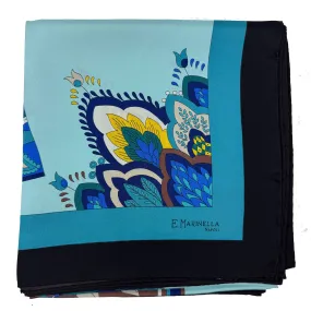 E. Marinella Scarf Blue Teal Brown Fan & Tassel - Twill Silk Square Foulard