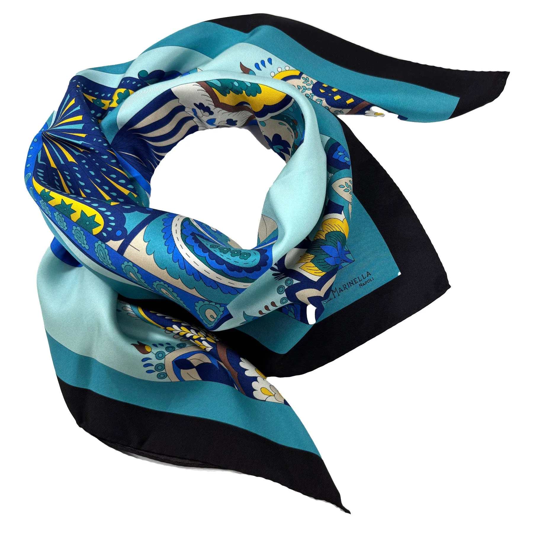 E. Marinella Scarf Blue Teal Brown Fan & Tassel - Twill Silk Square Foulard