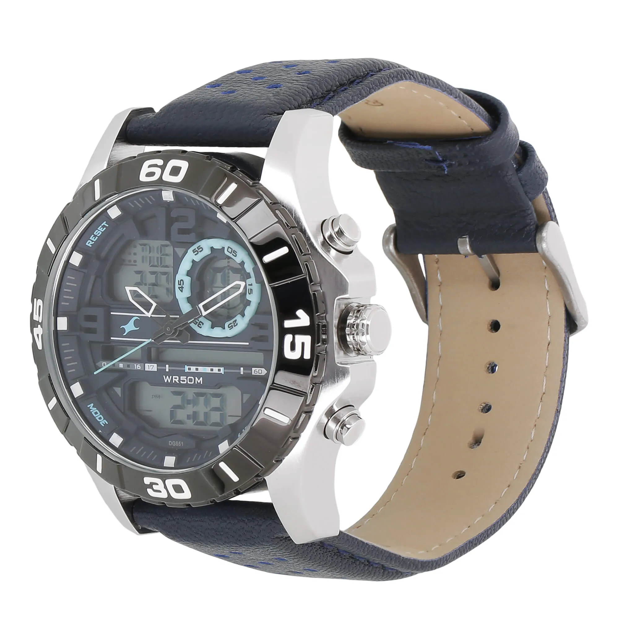 Fastrack, Men’s Analog-Digital Watch, Grey Dial Blue Leather Strap, 38035SL02