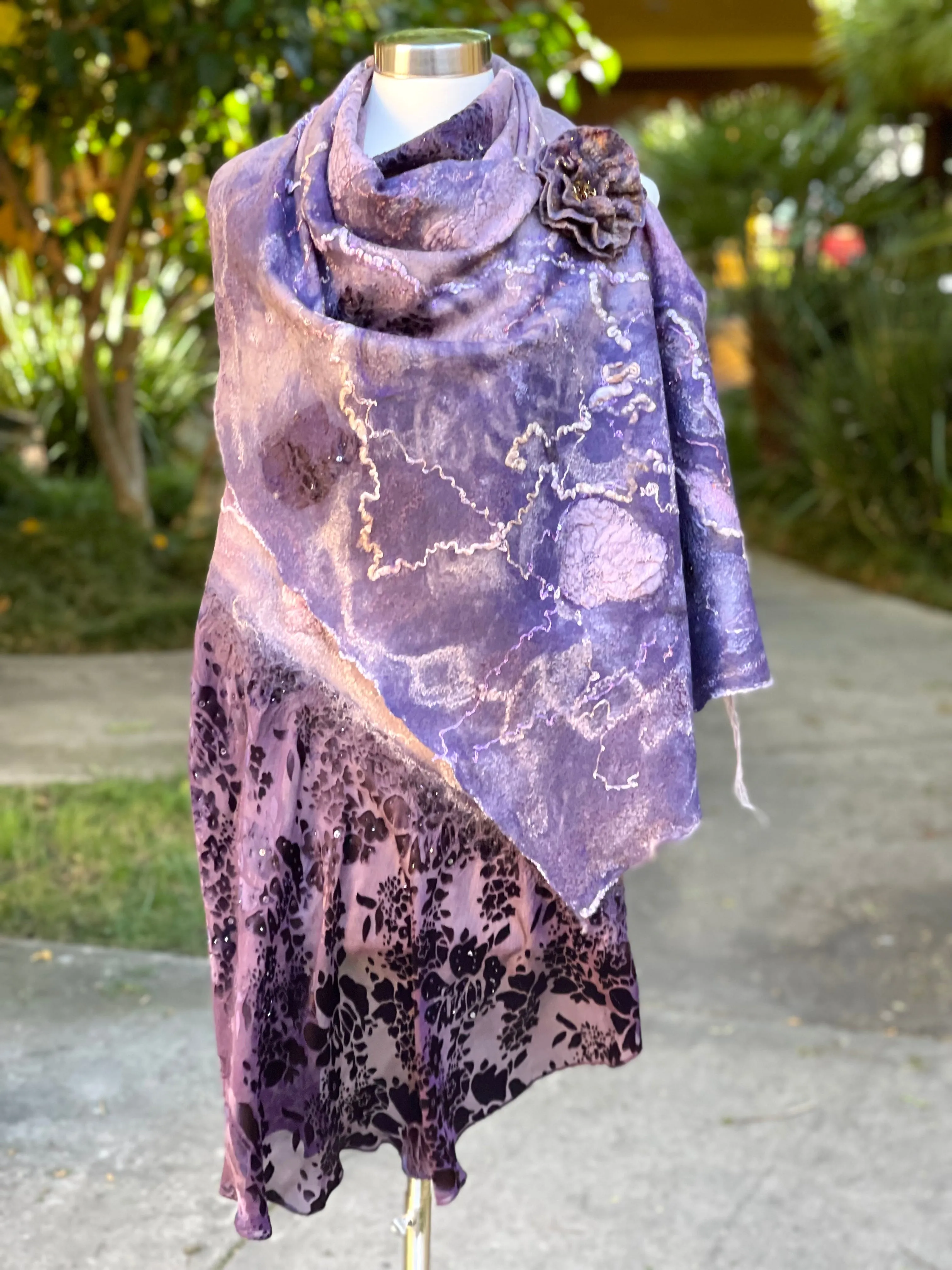 Felted Silk Scarf for Women, Hand Felt Shoulder Wrap, Nuno Felted Scarf, Wedding Textured Shawl, Felt Silk Scarf, Wool Scarf