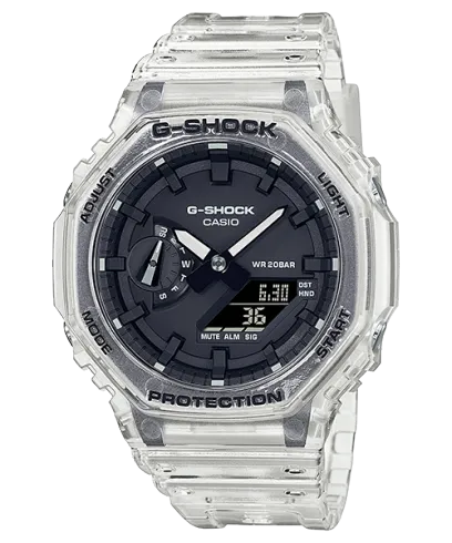 G-Shock Men's Watch Analog & Digital Combo, Black Dial Transparent White Resin Band, GA-2100SKE-7ADR