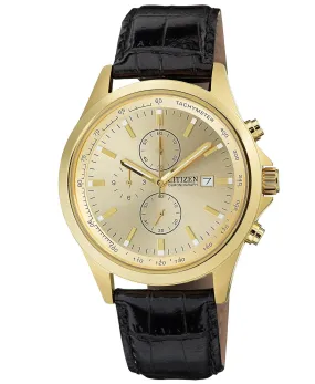 Gold-Tone Stainless Steel Watch with Black Leather Band