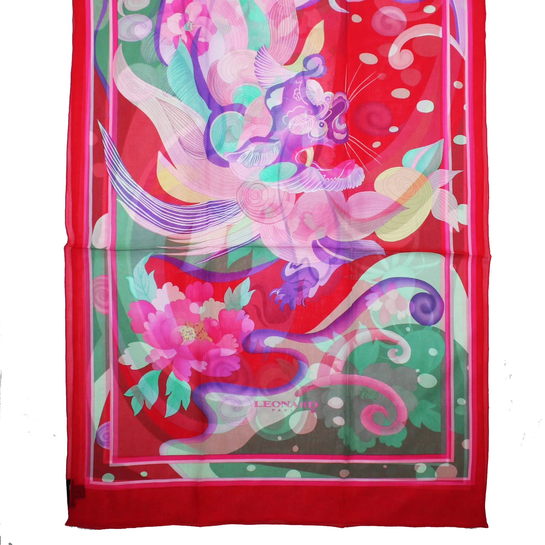 Leonard Paris Scarf Red Floral Design - Chiffon Silk Shawl SALE