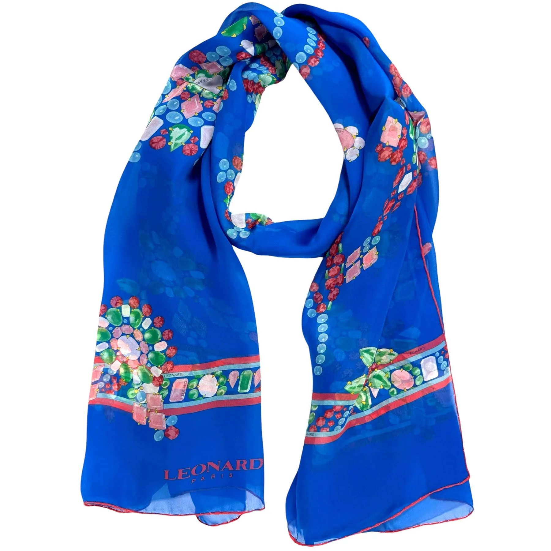 Leonard Paris Scarf Royal Blue Red Pink Emeralds Design - Chiffon Silk Shawl