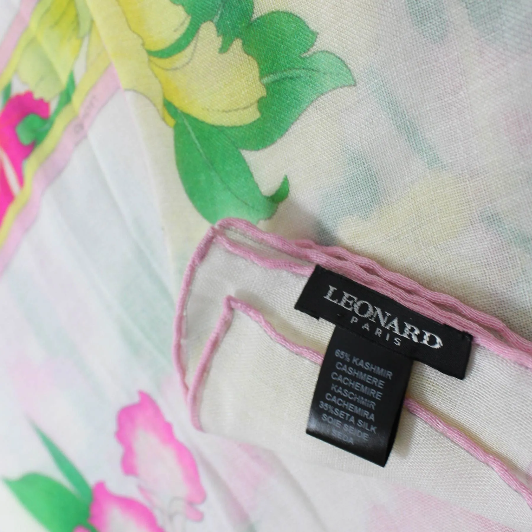 Leonard Paris Scarf White Pink Floral Design - Cashmere Silk Shawl