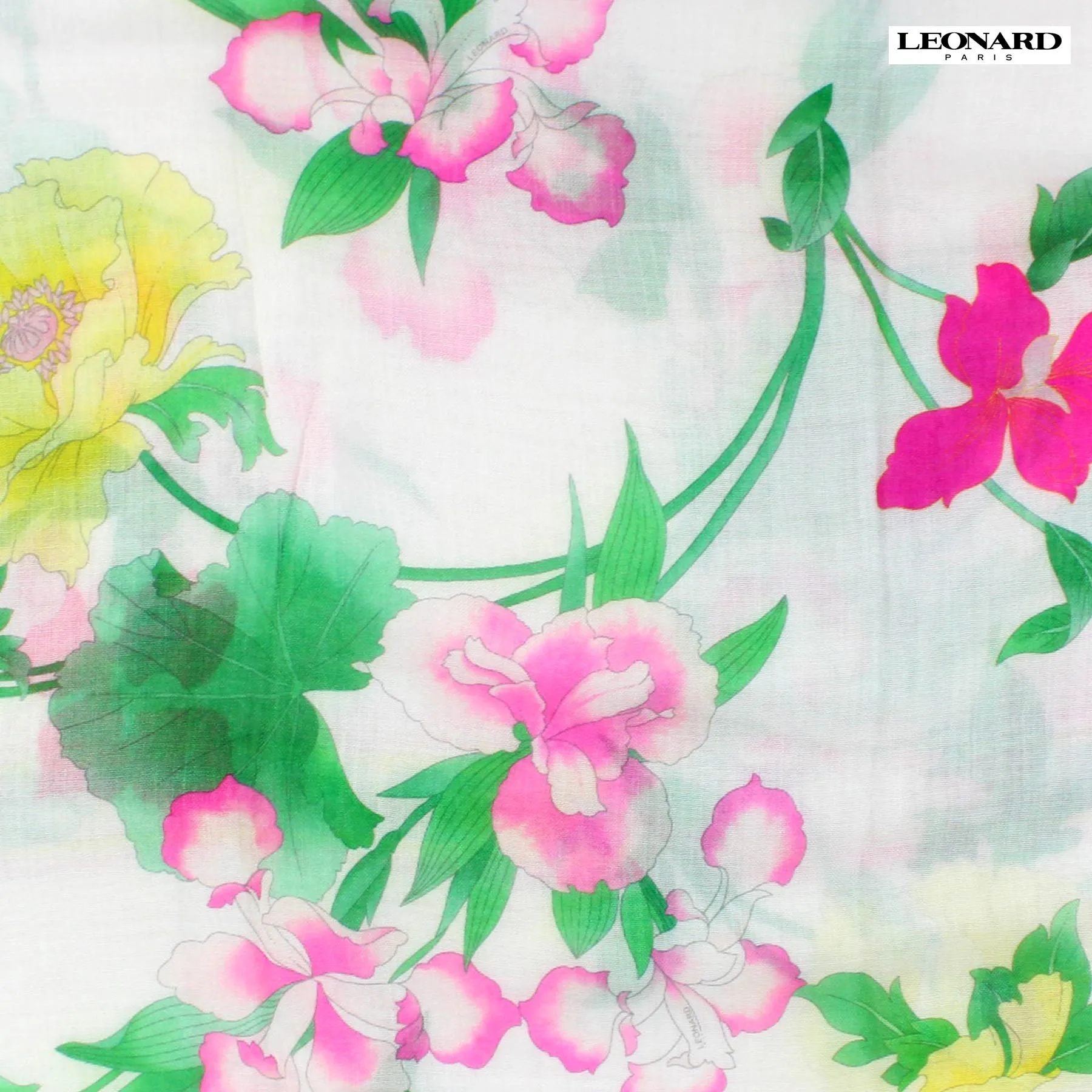 Leonard Paris Scarf White Pink Floral Design - Cashmere Silk Shawl