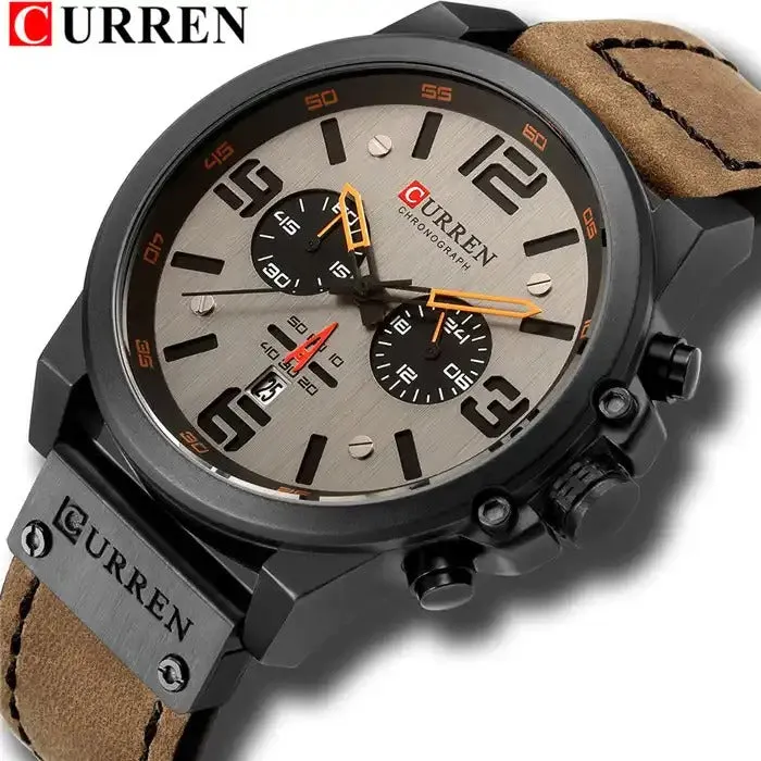 Men's Leather Watch Chronograph Wristwatch Business Quartz Calendar Military Watch | 8314