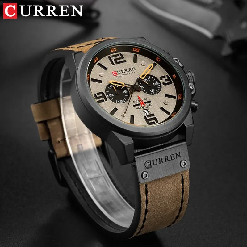 Men's Leather Watch Chronograph Wristwatch Business Quartz Calendar Military Watch | 8314