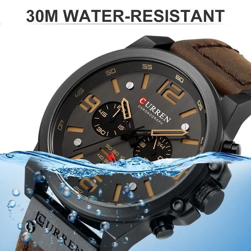 Men's Leather Watch Chronograph Wristwatch Business Quartz Calendar Military Watch | 8314