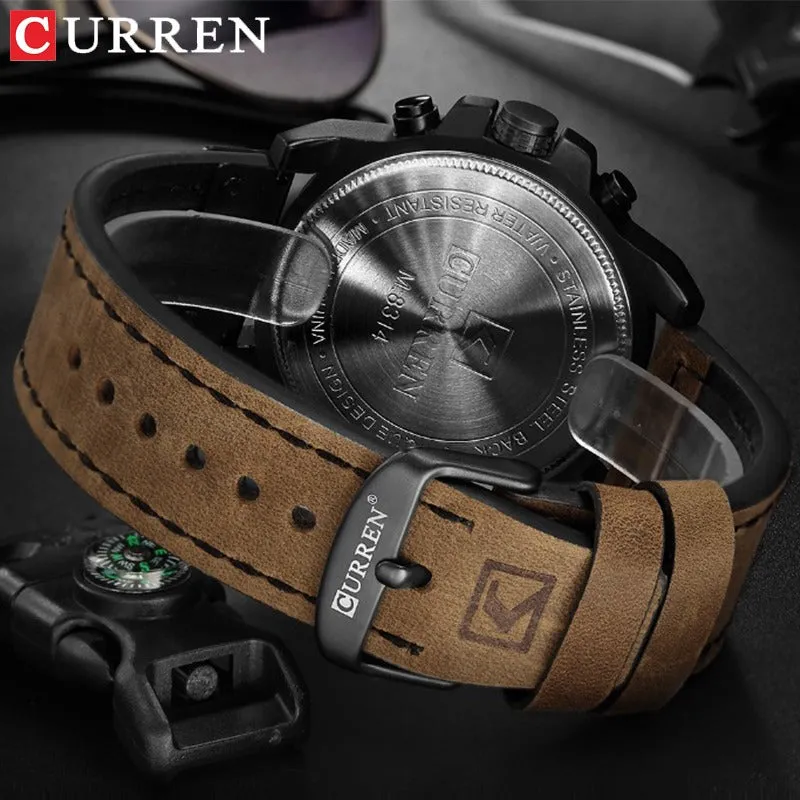 Men's Leather Watch Chronograph Wristwatch Business Quartz Calendar Military Watch | 8314