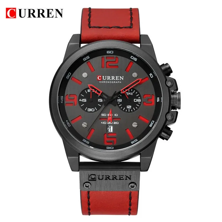 Men's Leather Watch Chronograph Wristwatch Business Quartz Calendar Military Watch | 8314