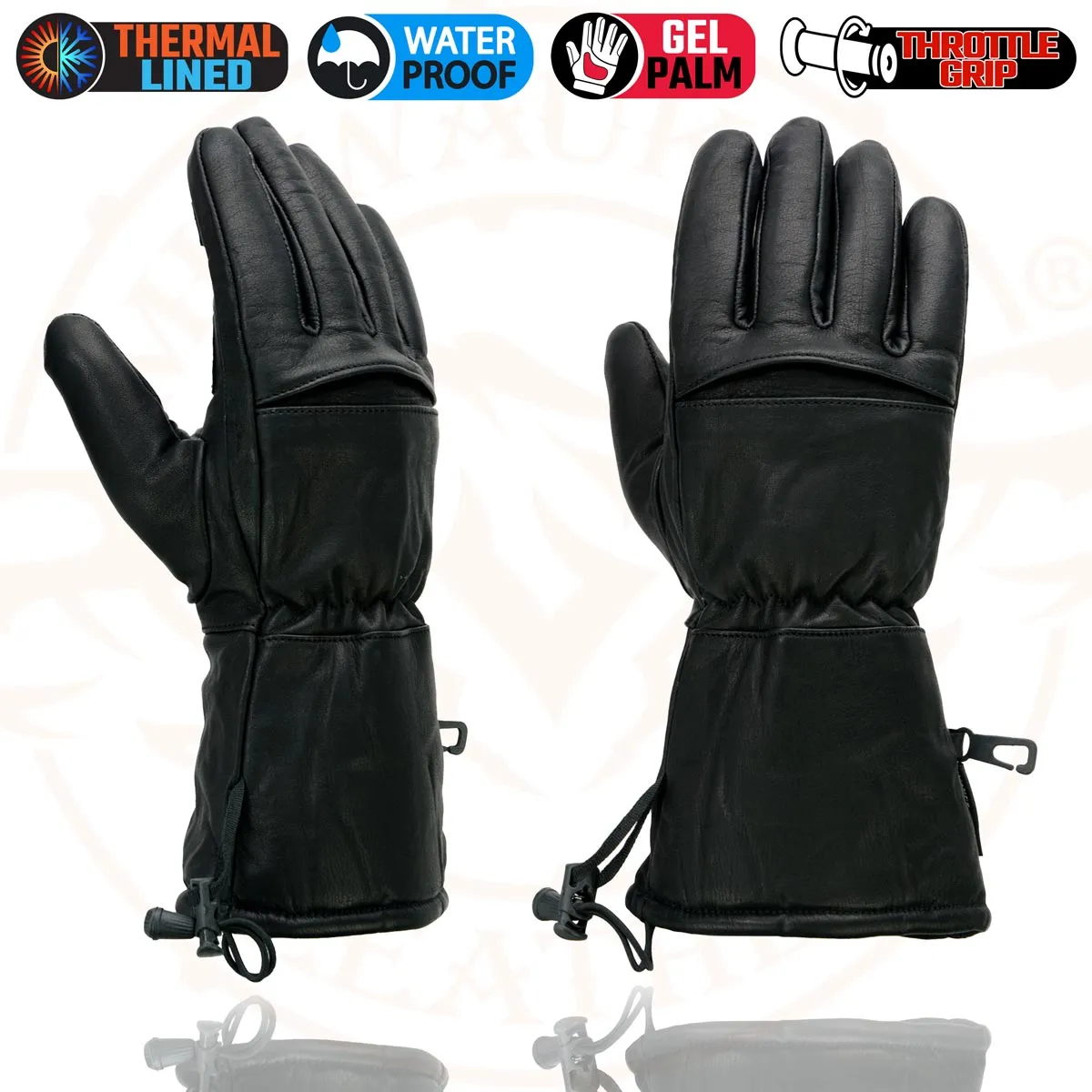 Milwaukee Leather Men's Black Gauntlet Motorcycle Hand Gloves-Black Leather Waterproof Gel Palm Soft Skin-SH292