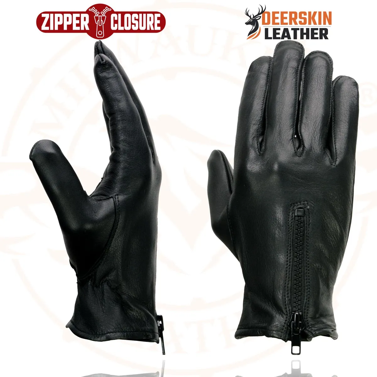 Milwaukee Leather SH867 Men's Black Unlined Deerskin Lightweight Motorcycle Hand Gloves W/ Wrist Zipper Closure