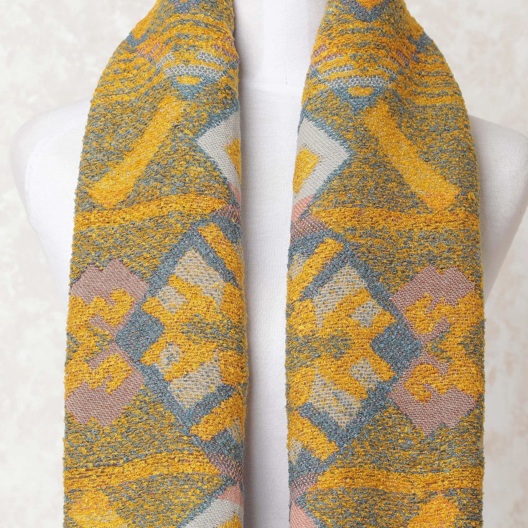 Mustard yellow, beige, copper brown poly wool scarf in abstract design-D10684