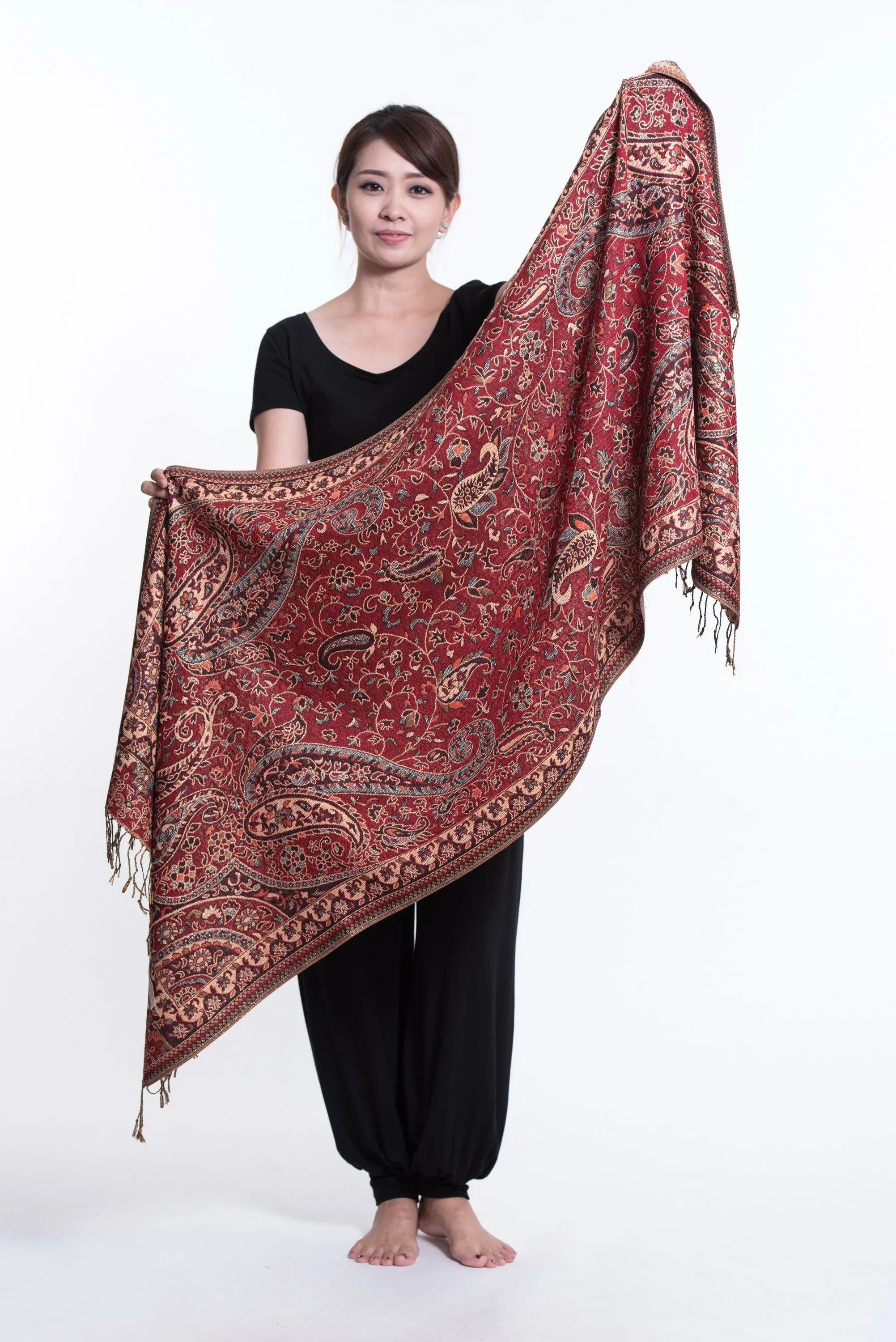 Nepal Traditional Paisley Pashmina Shawl Scarf in Red