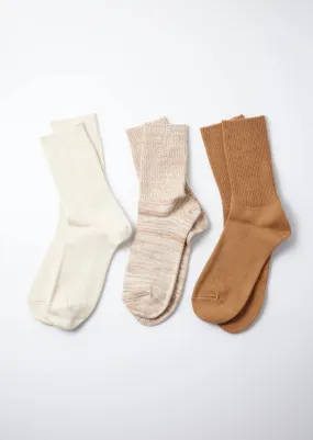 Organic Daily 3 Pack Ribbed Crew Socks in Ecru / Brown