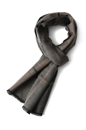 Reversible Stripe / Check Print Frayed Scarf - Khaki Brown