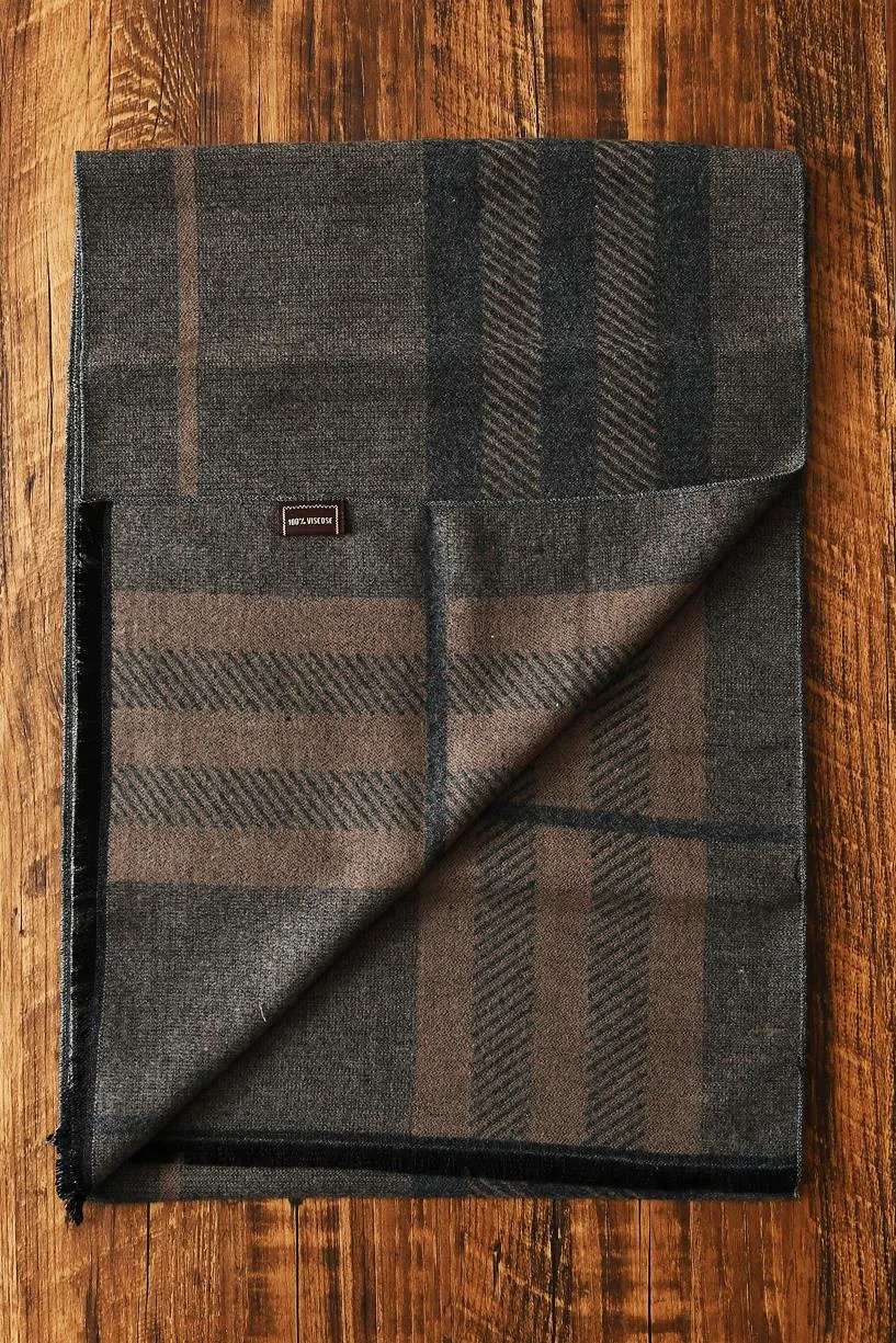 Reversible Stripe / Check Print Frayed Scarf - Khaki Brown