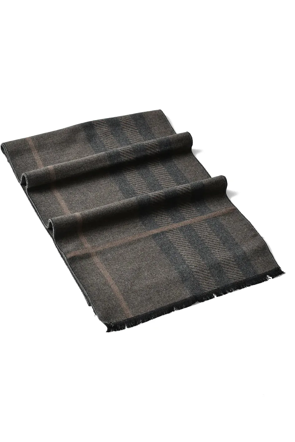 Reversible Stripe / Check Print Frayed Scarf - Khaki Brown