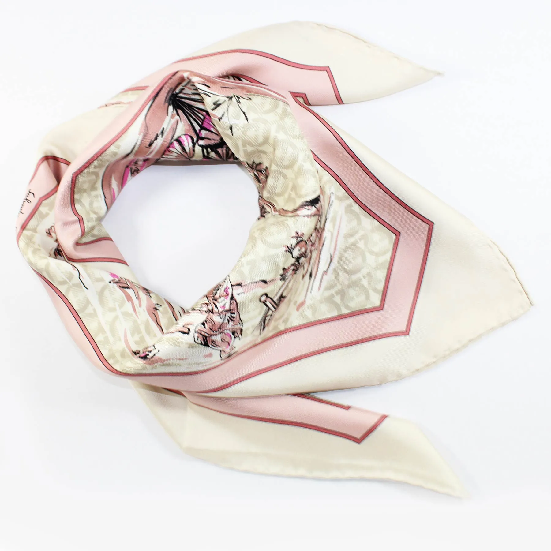 Salvatore Ferragamo Scarf Asian Print White Dust Pink - Twill Silk Foulard SALE