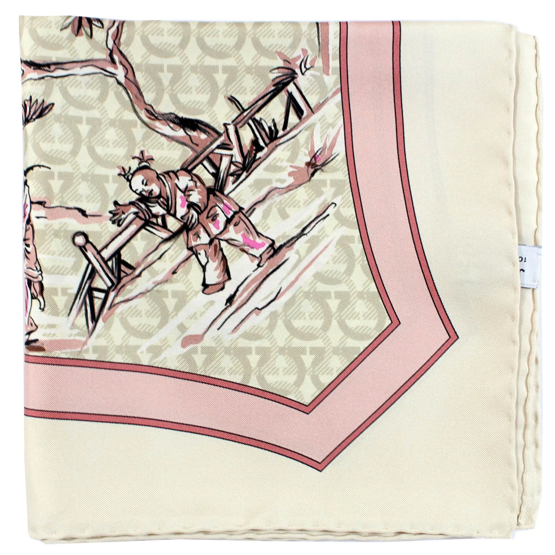 Salvatore Ferragamo Scarf Asian Print White Dust Pink - Twill Silk Foulard SALE