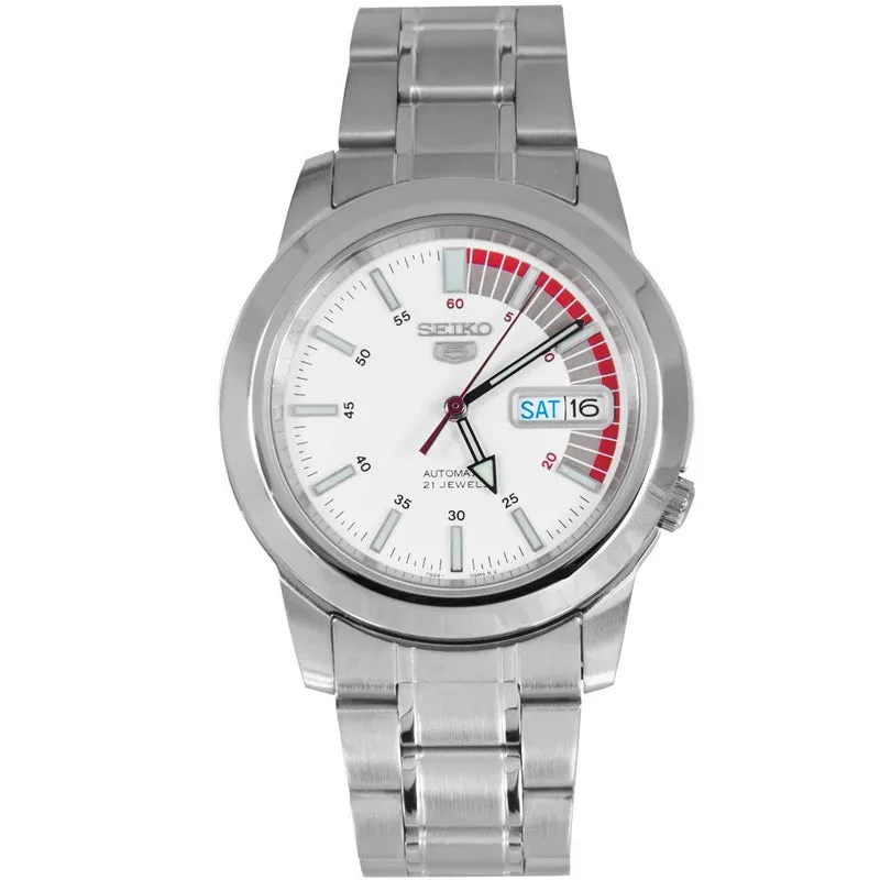 Seiko Men's Mechanical Watch Analog, White Dial Silver Stainless Band, SNKK25K