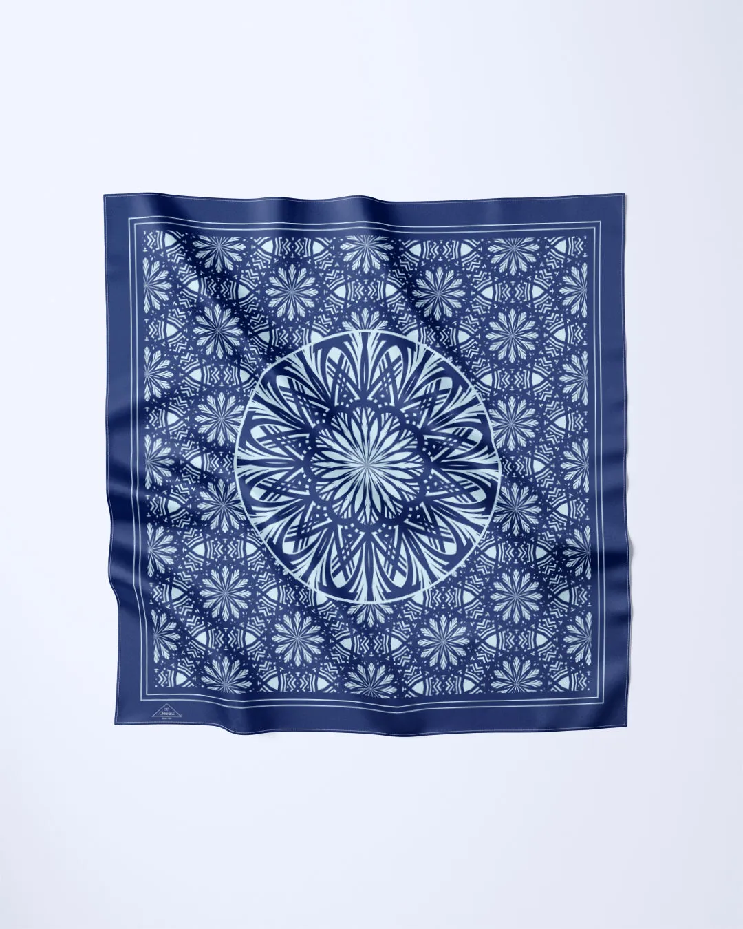 SERENITY Mandala Designer 100% Silk Scarf in NAVY LIGHT BLUE