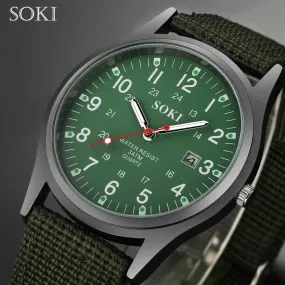 SOKI  Fashion Sport Outdoor Men's Date Quartz Analog WristWatch Military Sports Nylon Strap Unisex Army Style Watch Homme Relojo