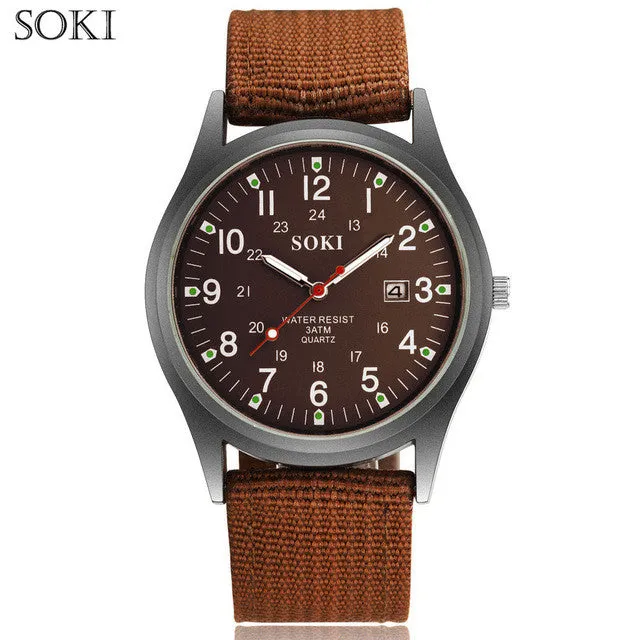 SOKI  Fashion Sport Outdoor Men's Date Quartz Analog WristWatch Military Sports Nylon Strap Unisex Army Style Watch Homme Relojo