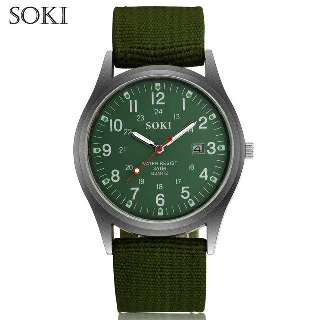 SOKI  Fashion Sport Outdoor Men's Date Quartz Analog WristWatch Military Sports Nylon Strap Unisex Army Style Watch Homme Relojo