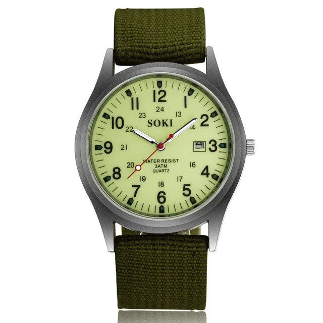 SOKI  Fashion Sport Outdoor Men's Date Quartz Analog WristWatch Military Sports Nylon Strap Unisex Army Style Watch Homme Relojo