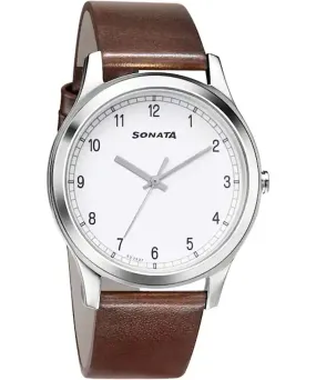 Sonata Men's Analog White Dial Brown Leather Strap Watch,  7135SL03