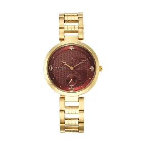 Titan Tet Men's Watch Analog Red Dial Gold Stainless Steel Band, 2480YM04