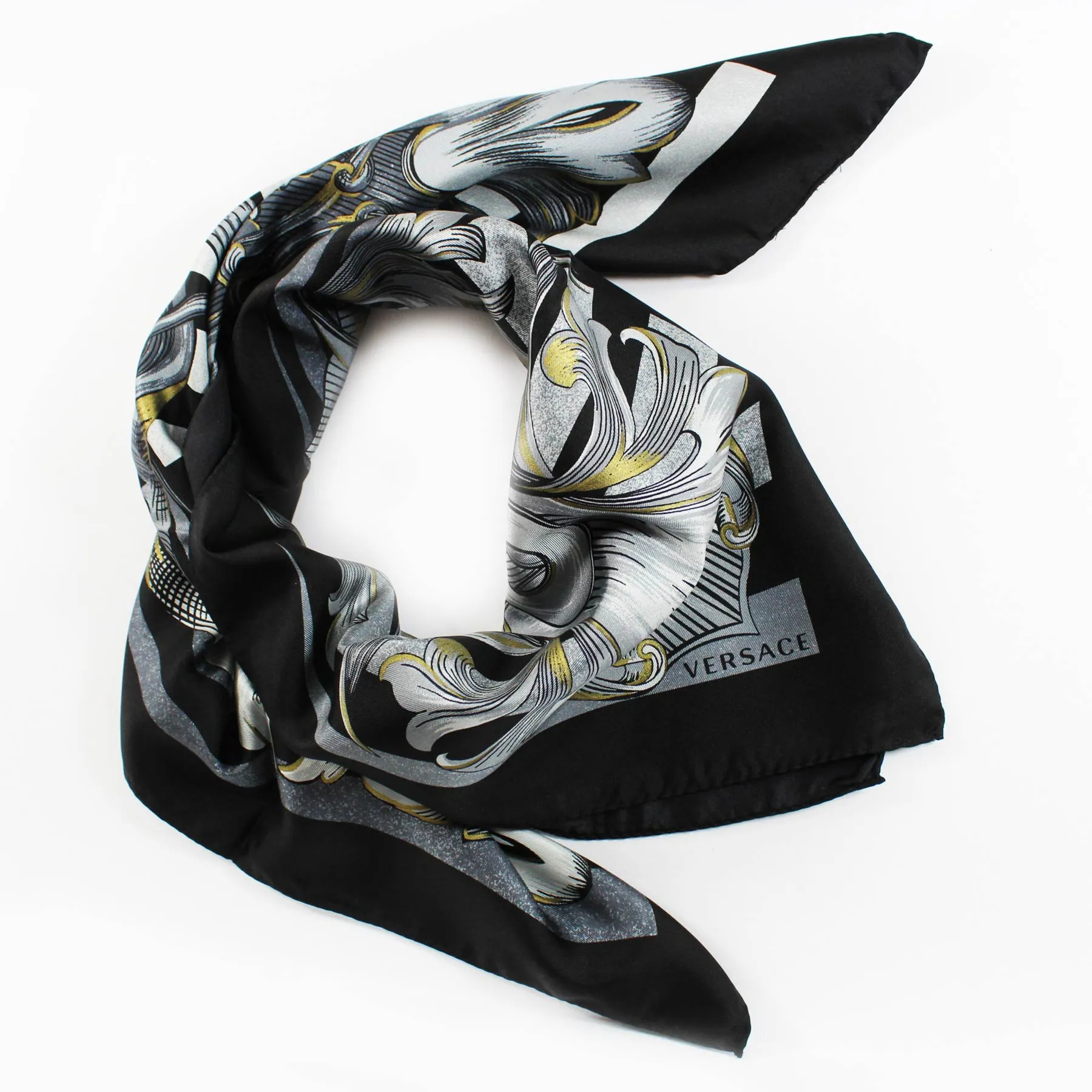 Versace Silk Scarf Black Gray Baroque & Medusa - Large Square Scarf SALE